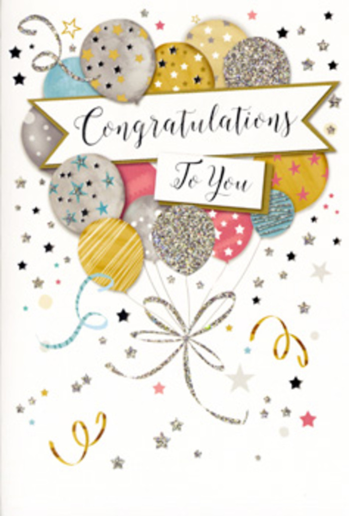 An elegant congratulations card is shown, its artwork capturing the delight of marking a special achievement for someone in Earlsfield. Dominating the design is a generous bouquet of illustrated balloons that appear to float just above the card's surface. The balloons are rounded and softly shaded in complementary hues: warm gold, pale champagne, cool silver, sky blue, blush pink, and soft grey, each giving off a gentle metallic sheen. Their surfaces are adorned with subtle decorations-twinkling star motifs, slender stripes, clusters of tiny dots, and hints of glitter that catch the light-creating a sense of carefree festivity similar to walking into a decorated room off Garratt Lane. A flowing banner sweeps horizontally across the central cluster, gently curved as though lifted by the balloons themselves, and it bears the message Congratulations To You in elegant, cursive lettering. Surrounding this main composition, fine ribbons wave downward in loose curls, while small metallic stars and confetti-like specks drift across the pale background, adding depth and movement without overwhelming the scene. The card's overall atmosphere is light, refined, and full of quiet excitement, ideal for moments when words alone don't feel quite enough. As a florist who regularly pairs cards with fresh arrangements heading out across Earlsfield, Wandsworth, and the nearby commons, this design feels especially suited to graduations, job promotions, or personal milestones-those times when you want to wrap someone's achievement in both beautiful blooms and a thoughtfully designed keepsake.