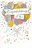 This congratulations card looks like a snapshot of a joyful moment, the kind of design you might slip alongside a bouquet delivered to a sunny Earlsfield flat. At its heart is a buoyant cluster of balloons, their rounded shapes overlapping in a lively arrangement that suggests gentle movement, as if they're tugging upward on invisible strings. The colour palette is softly celebratory: shimmering gold and silver mingle with champagne, sky blue, blush pink, and dove grey, creating a sophisticated yet playful mix. Some balloons are sprinkled with fine glitter, others traced with tiny stars or narrow stripes, each detail adding to the impression of sparkle and texture on the printed surface. Threaded through this radiant bundle is a ribbon-like banner, its curve echoing the upward lift of the balloons, and it carries the message Congratulations To You in graceful, hand-drawn style script. All around the central motif, slim ribbons curl like party streamers, while scattered stars and confetti dots float across a pale background, evoking the carefree feel of a celebration that might spill out towards Wandsworth Common. The composition is airy and uplifting, yet it conveys real pride and affection-just right for applauding exam success, a new job, or a personal breakthrough. As florists working daily with congratulations bouquets across Earlsfield, we see how a card like this completes the gesture, turning a simple message into a beautifully illustrated expression of shared joy.